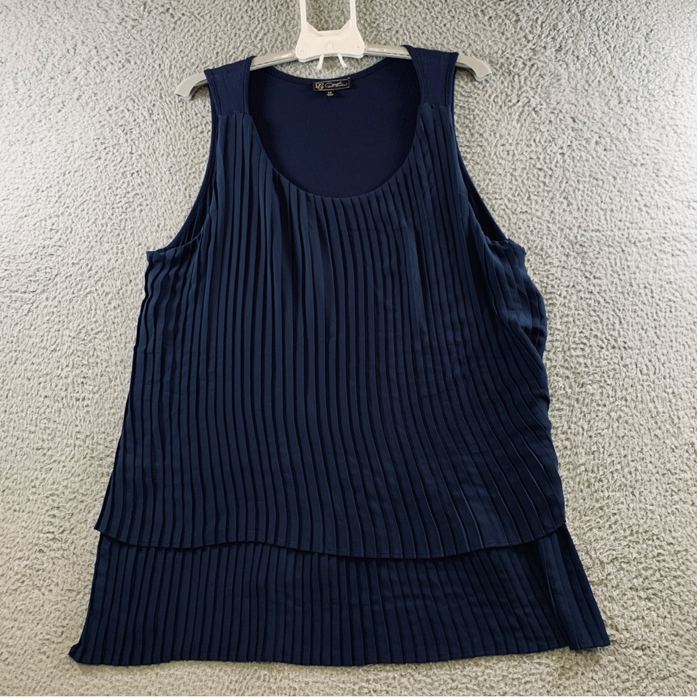 DG2 by Diane Gilman Women's Pleated Low High Tunic Tank Top Navy Plus Size‎ 1X